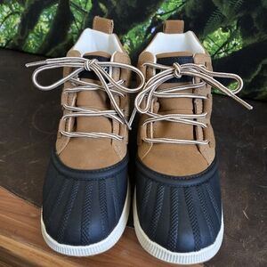 Tan and Black Winter Rain Boots with Lace-Up Design